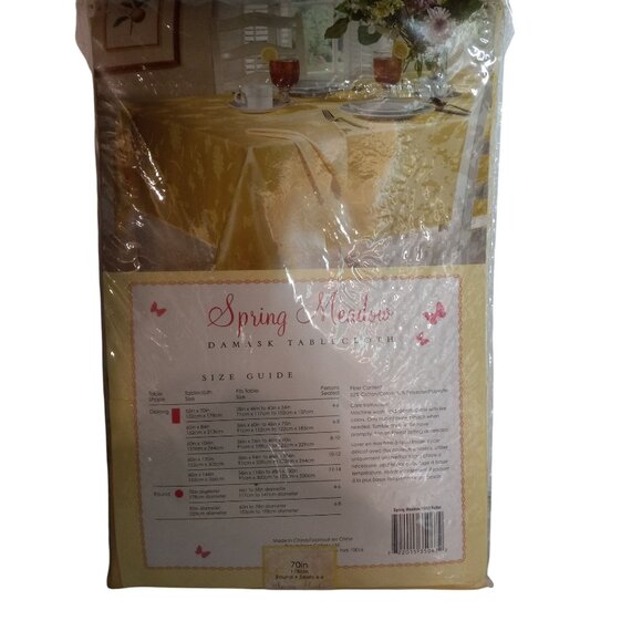 Spring Meadow Damask Tablecloth 70 inch Round Butter Yellow Flowers Vintage NEW - Picture 4 of 10